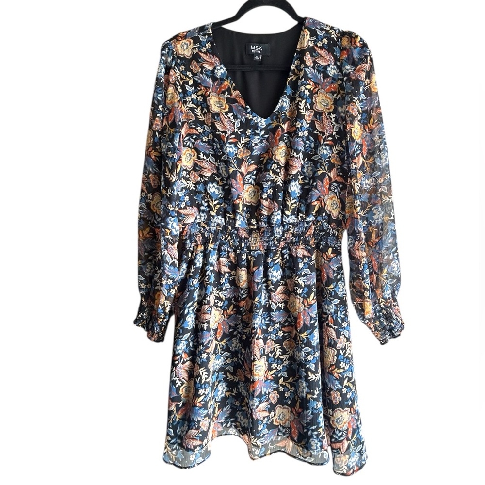 MSK Navy Floral Long Sheer Sleeve V-Neck Mini Dress with Multicolor Blooms